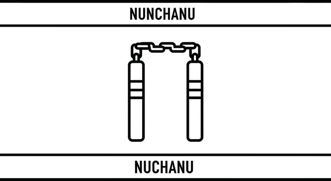 Nunchaku Icon, Martial Arts Weapon, Black and White Line Art