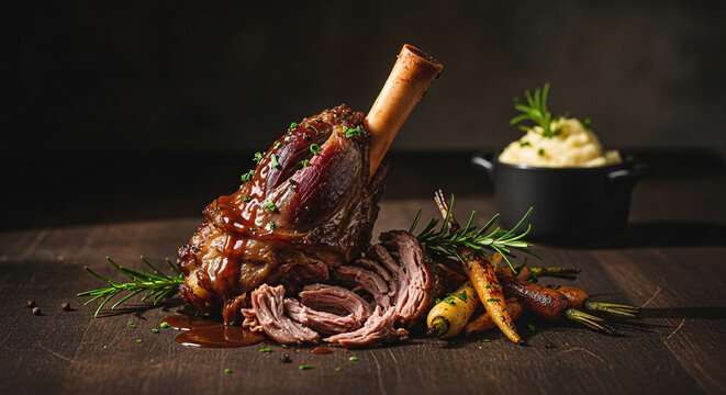 A plate of food with meat and vegetables on a dark background