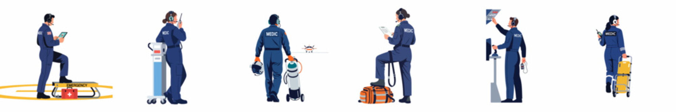 Flat vector illustration set of air medical service flight medics and paramedics in various emergency response scenarios with specialized equipment.