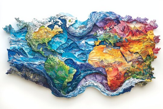 A collage of various textures and patterns forming the shape of the Earth, with colorful drawings representing different landscapes and oceans, Generative AI