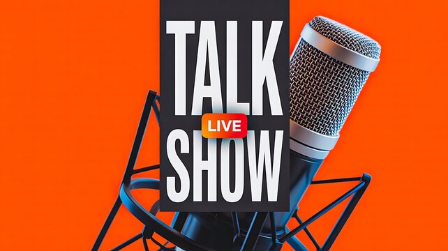Microphone with talk show text on bright background representing media broadcasting concept