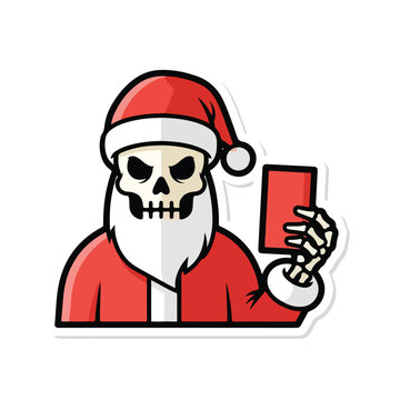 A skeletal figure in a Santa hat holds a red card