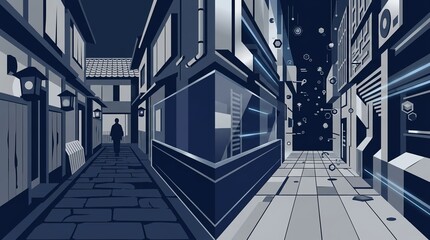 Obraz premium Empty Futuristic Japanese Street with AI Automation and Silhouette