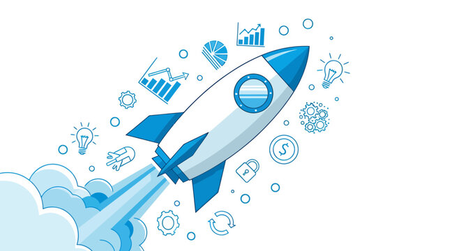 Dynamic rocket launch illustration showing futuristic space propulsion and orbit concepts.