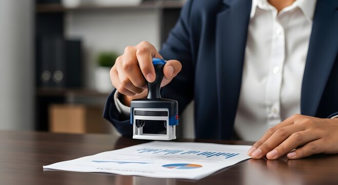 Businesswoman stamping document with rubber stamp for approval official paperwork and authorization process
