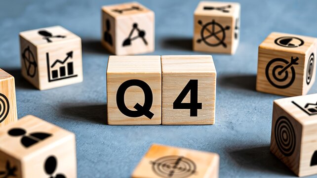 Wooden blocks with q4 text and business icons representing quarterly financial analysis concept