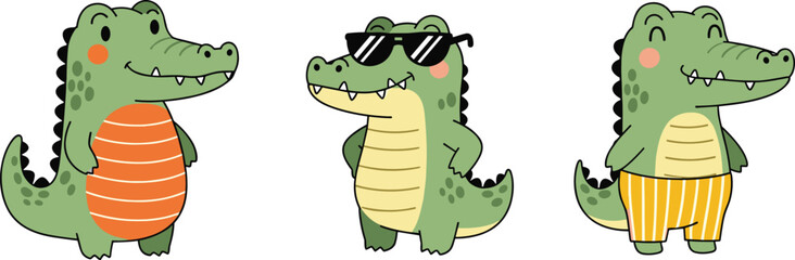 Obraz premium Cute Cartoon Crocodile Characters Set with Funny Poses, Sunglasses, Striped Outfit, and Adorable Animal Mascot Collection Vector Illustration