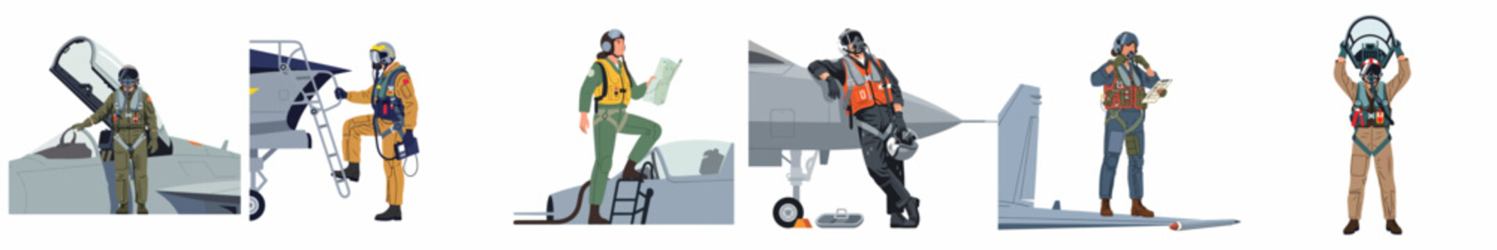 A collection of diverse military pilots in full flight gear posing with modern fighter jets, isolated on a white background.