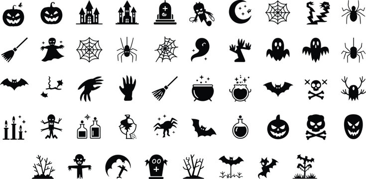 Halloween icons, spooky symbols, haunted house graphics, jack-o-lantern illustration, ghost design, skeleton icon, witch broom, spider web, bat, tombstone