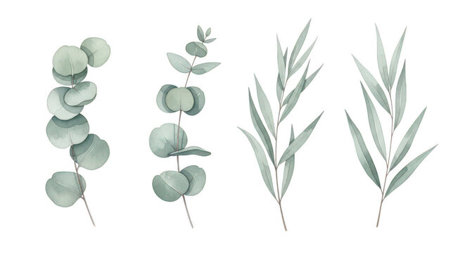 Collection of watercolor green leaf stems and eucalyptus branches for botanical design