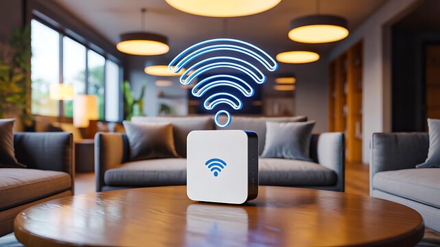 Modern wireless router on table with wifi signal in cozy living room interior