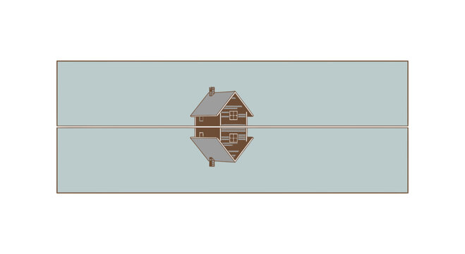 Reflection of a cozy wooden cabin in calm water, serene nature scene