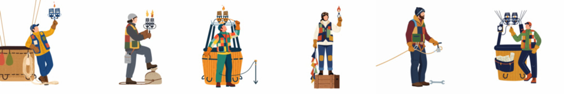 Collection of hot air balloon pilots and ground crew characters with burners, baskets, and aviation equipment in flat vector style.