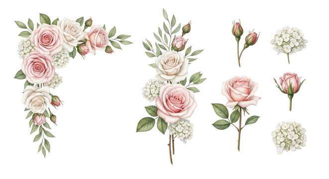 Watercolor pink rose and hydrangea floral corner border and individual flower elements set