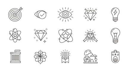 Fototapeta premium Collection of Line Icon Concepts Featuring Eye, Lightbulb, Atom, and Abstract Symbols.