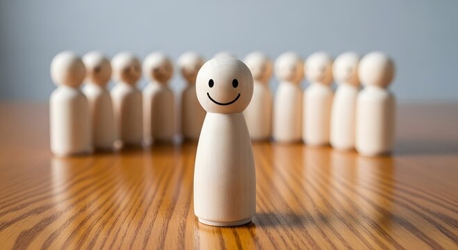 Wooden figures leadership concept with smile face and team in background on wood table surface