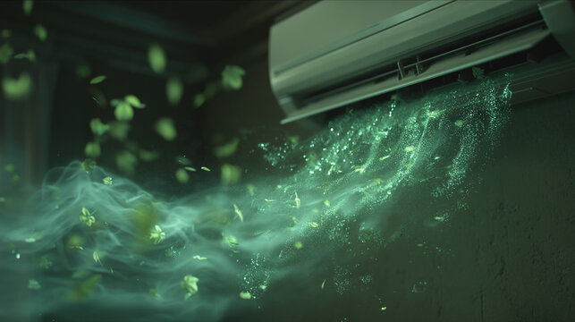 A futuristic air conditioner emits a green glowing mist into a dark room with floating leaves