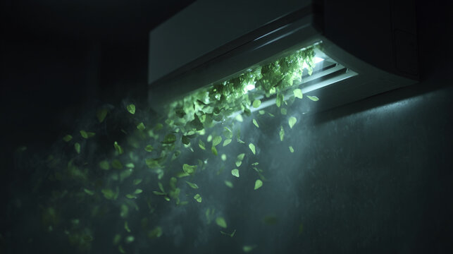 A modern air conditioning unit blowing green leaves into a dark room with a beam of light