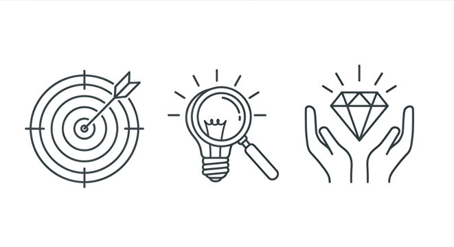 Sequence of target, illuminated idea, and hands holding a diamond symbolizing strategy and innovation.