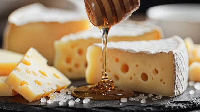 Delicious Cheese Platter with Honey Drizzling on Top.