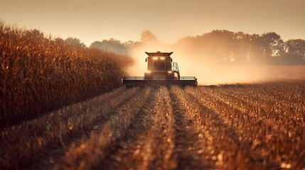 Fototapeta premium Combine harvester working through golden crop field at sunrise, agricultural machinery in action, harvest season in rural landscape, warm morning light, farming productivity, countryside cultivation 