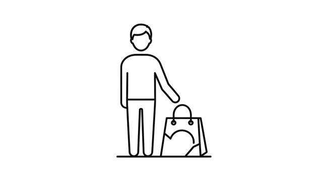 Person holding shopping bag icon, minimalist line art, consumerism concept