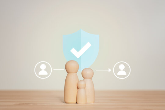 Healthcare insurance concept with family safety shield protection, heart monitor and medicine icons. Symbol of medical coverage, health security and financial safety planning with minimal background.
