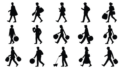 Fototapeta premium Silhouettes of men and women walking in various poses carrying bags and balloons isolated on white background