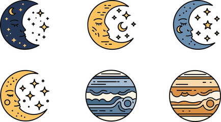 Collection of celestial icons featuring crescent moons with faces and stars and planets flat vector design for astronomy and night sky concepts isolated on white © Ali