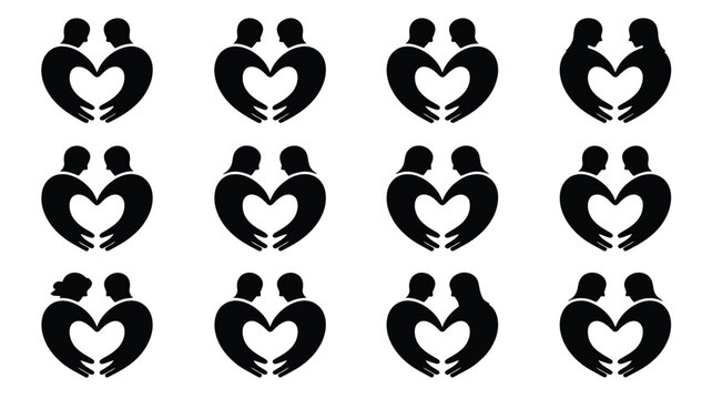 Silhouettes of couples embracing in heart shapes symbolizing love friendship and unity arranged in a 3x4 grid on a clean white background