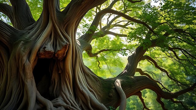 traitor. Ancient tree with hollow trunk and thriving green canopy, sunlight filtering through leaves. gardening catalogs, home-decor guides, designed for home decor and floral branding.