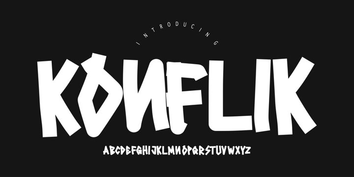 Konflik: A bold hand-drawn display. Raw blocky typeface for urban punk rock streetwear, edgy posters, and expressive branding.