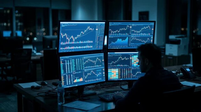 Nighttime trading station glowing with cool blue light focused view of multiple monitors showcasing complex market trends with dimly blurred office environment around.
