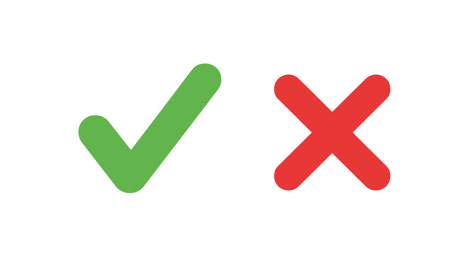Green check mark and red cross symbols isolated on white background