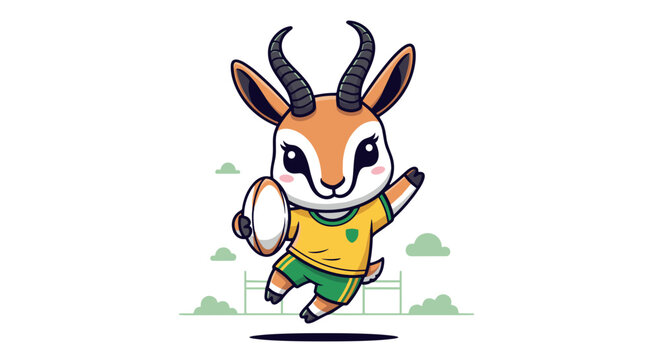 Cartoon springbok mascot playing rugby sport with joyful energy and determination