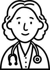 Obraz premium Hand Drawn Elderly Female Doctor Black and White Illustration in Minimal Line Art Style Design