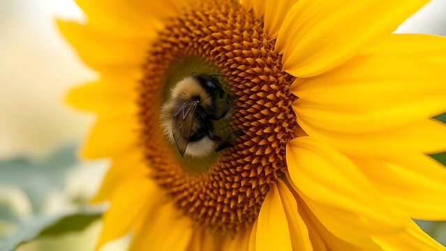 voracity. A bumblebee resting on a sunflower in soft morning light. wildlife magazines, conservation campaigns, designed for wildlife conservation campaigns, promotes animal welfare.