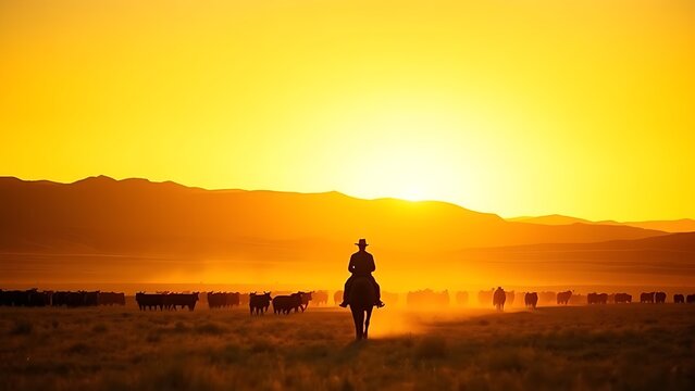unanimity. A lone rider herds cattle across a vast desert ranch at dusk. wildlife magazines, conservation campaigns, designed for nature documentaries and education, celebrates biodiversity.