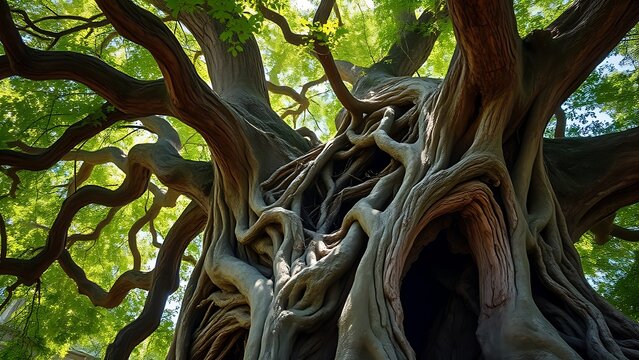 traitor. Ancient tree with hollow trunk and thriving green canopy, sunlight filtering through leaves. gardening catalogs, home-decor guides, designed for home decor and floral branding.