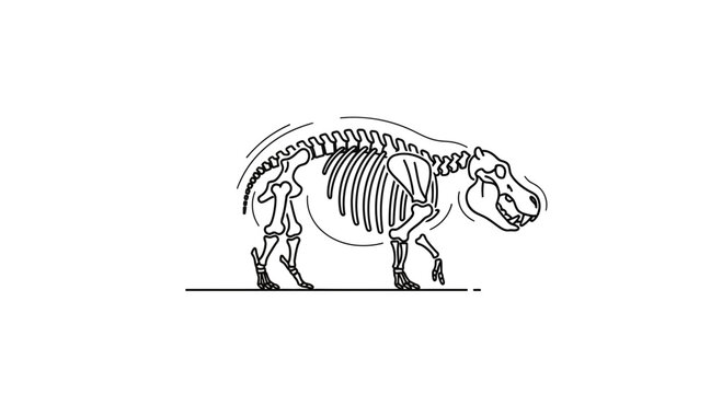 Hippopotamus skeleton illustration, side view, black and white line art, educational drawing