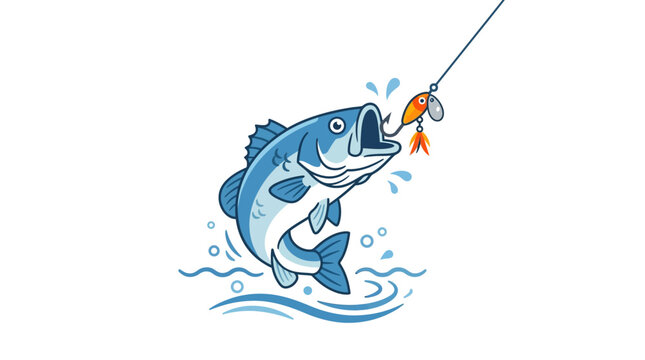 Simple flat vector of a fish biting bait (hook with lure), fishing moment concept, clean outline, minimal shapes, limited colors, 