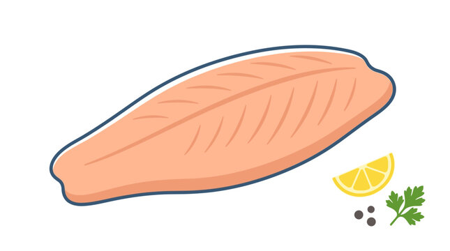 Minimal flat vector illustration of a fish fillet (boneless), clean smooth shape, seafood preparation concept, simple geometric form, clean outline, limited solid colors