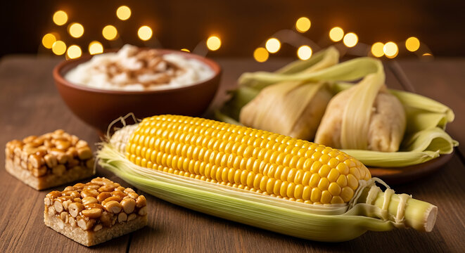 Traditional brazilian festa junina food with corn, pamonha, and peanut candy