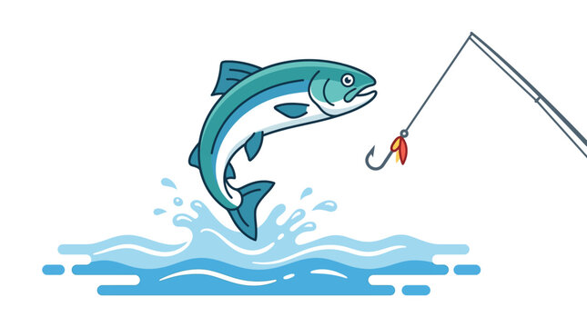 Simple flat vector of a jumping fish above water with a fishing hook nearby, sport fishing concept, clean outline, minimal detail, limited color palette