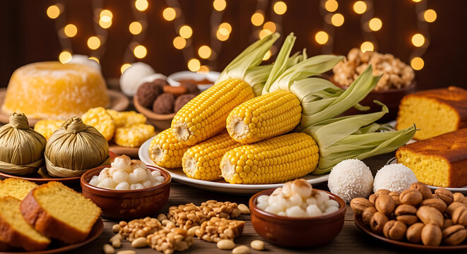 Traditional brazilian festa junina food spread with corn and sweets