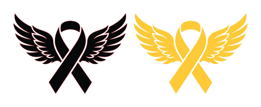 Memorial awareness ribbon with angel wings vector set, black and gold mourning symbols, cancer support and remembrance icons for tribute designs