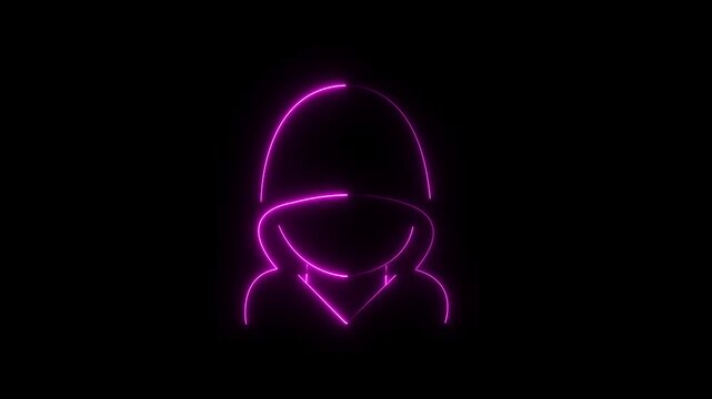 Neon hacker icon, flickering emergence and fading. Glowing neon cyber thief icon, looped animation. Hacker with hood, scammer, data theft, hacking account, internet scam.4k video black background