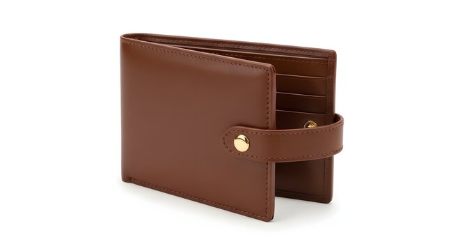 Brown leather wallet with a strap and snap closure, shown from an angle, personal accessory, cash holder, white background, money storage, financial