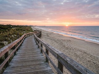 Fototapeta premium A captivating coastal landscape unveils a boardwalk path, leading toward the horizon, under a sky awash with the warm hues of sunrise.