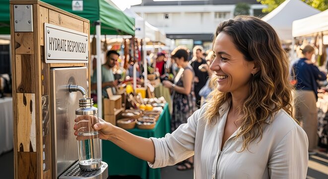 Smiling Woman Refilling Reusable Metal Bottle at Sustainable Public Hydration Station in Outdoor Market